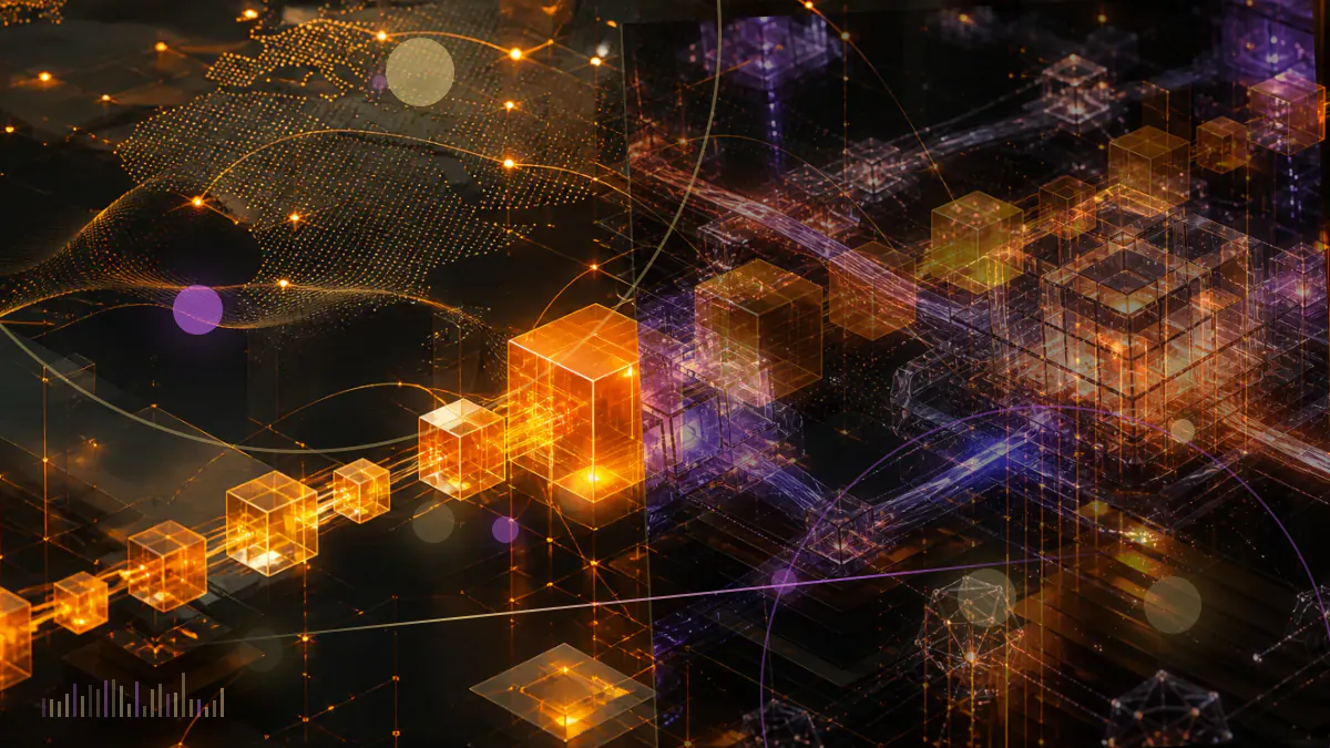 Conceptual illustration of photographic film frames connected by a luminous blockchain ledger as a market chart rises behind them