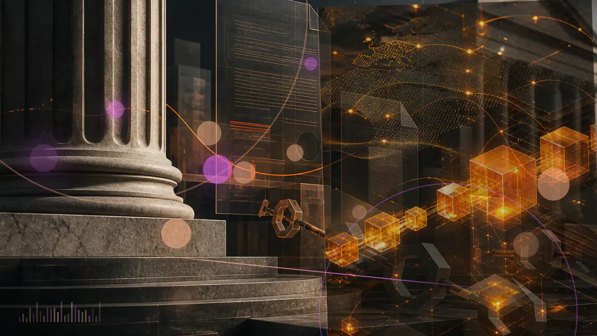 Conceptual illustration of a cryptocurrency exchange gateway closing over a New York regulatory ledger as customer assets move into withdrawal accounts