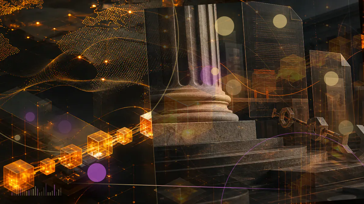 Conceptual illustration of stablecoin tokens passing through a federal banking charter, regulatory approvals and reserve ledger