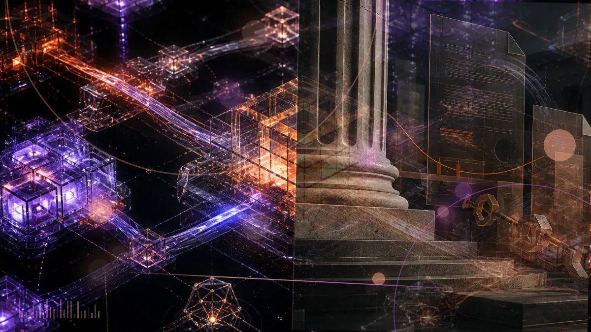 Conceptual smart television displaying tokenized digital artwork beside a mobile wallet interface and a distributed-ledger network