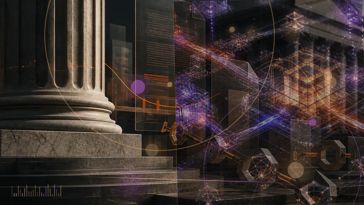 Conceptual illustration of a Libra digital token dividing into sovereign-currency stablecoins beside a Swiss regulatory document