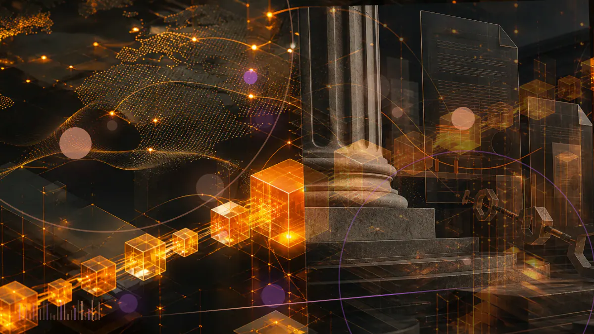 Conceptual illustration of a messaging network connecting to a U.S.-based digital-asset exchange and five cryptocurrency nodes