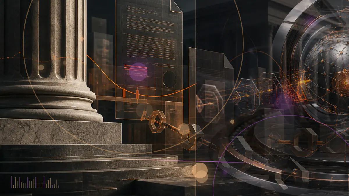 Conceptual illustration of London-listed equities connecting to blockchain tokens and an overnight exchange venue