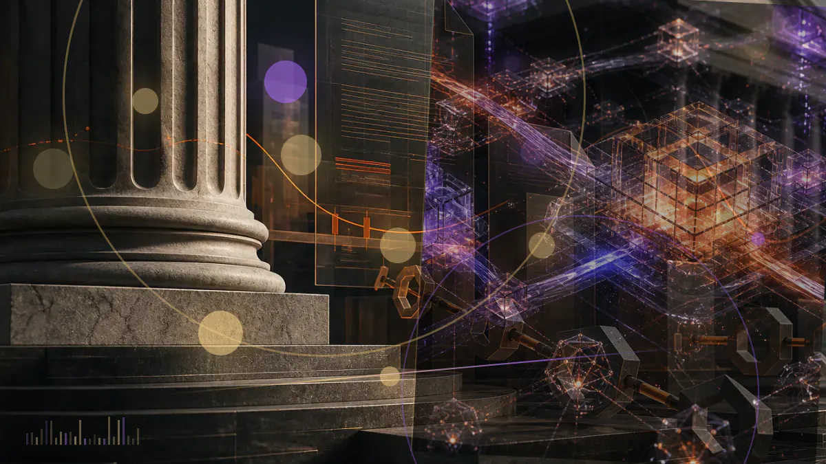 Conceptual illustration of London Stock Exchange infrastructure connecting conventional securities workflows with a blockchain ledger