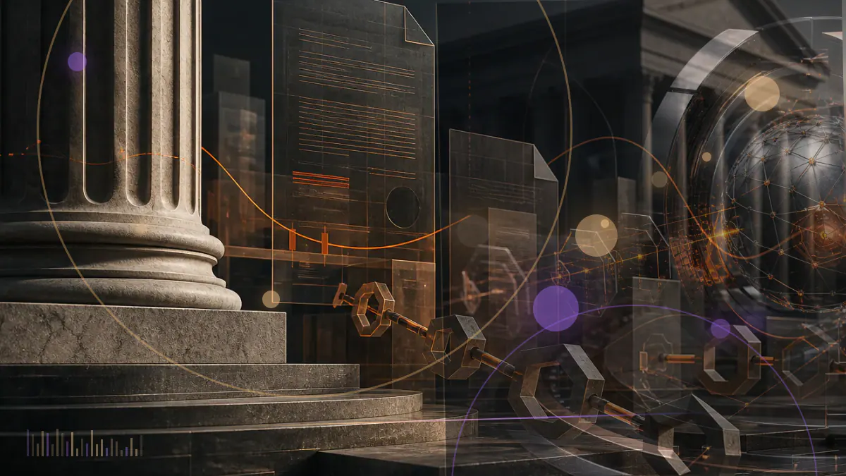 Conceptual illustration of Lugano’s civic buildings connected to bitcoin, stablecoin and Swiss-franc payment rails