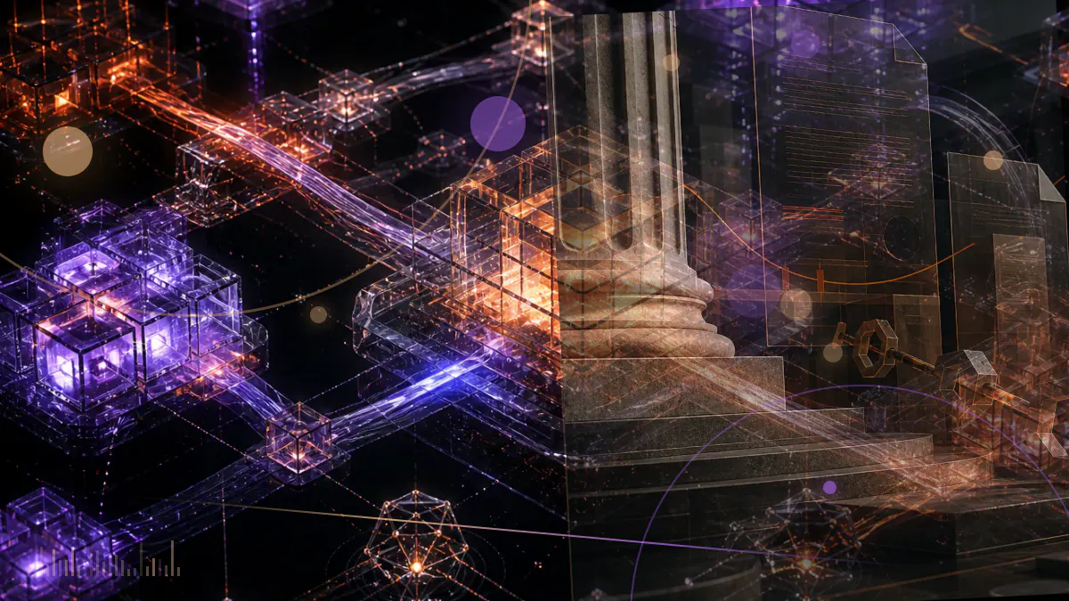 Conceptual illustration of a digital dollar token positioned over a divided federal and state regulatory ledger