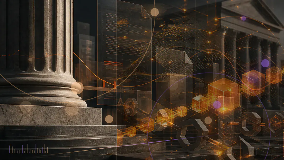 Conceptual illustration of a fractured stablecoin orbit, a governance ballot and a sharply rebounding price line