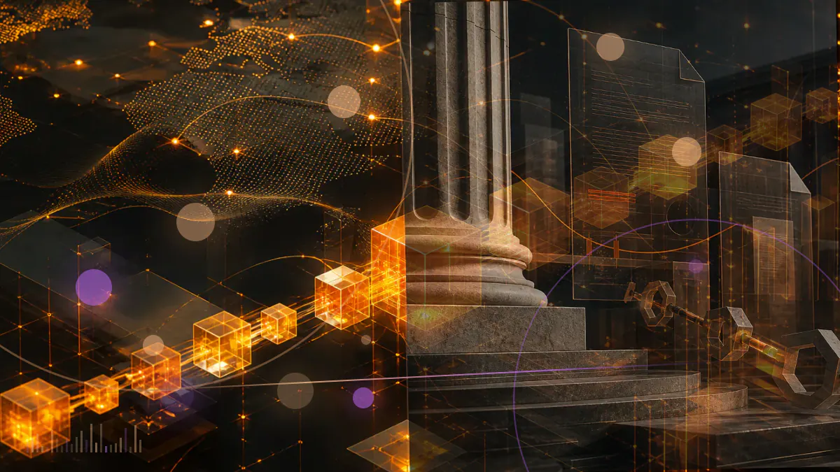 Conceptual illustration of the DAI symbol surrounded by rising rate gauges, Ethereum collateral and a narrowing stablecoin-liquidity channel