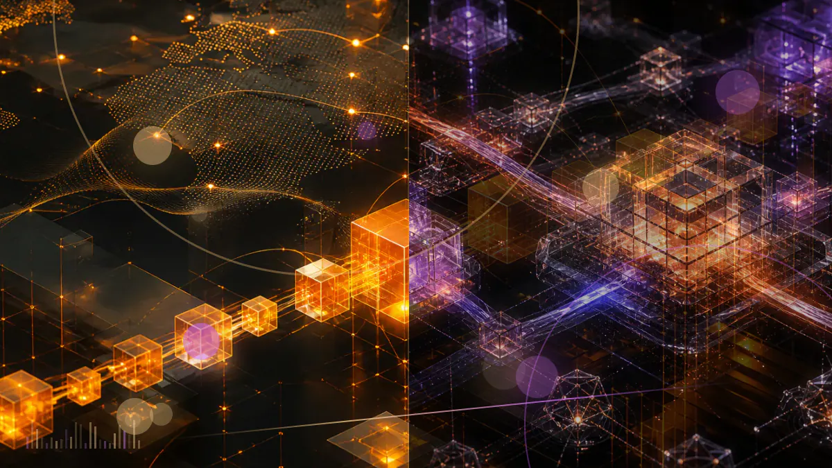 Conceptual illustration of MKR governance tokens dividing a MakerDAO organizational network into interconnected MetaDAO clusters