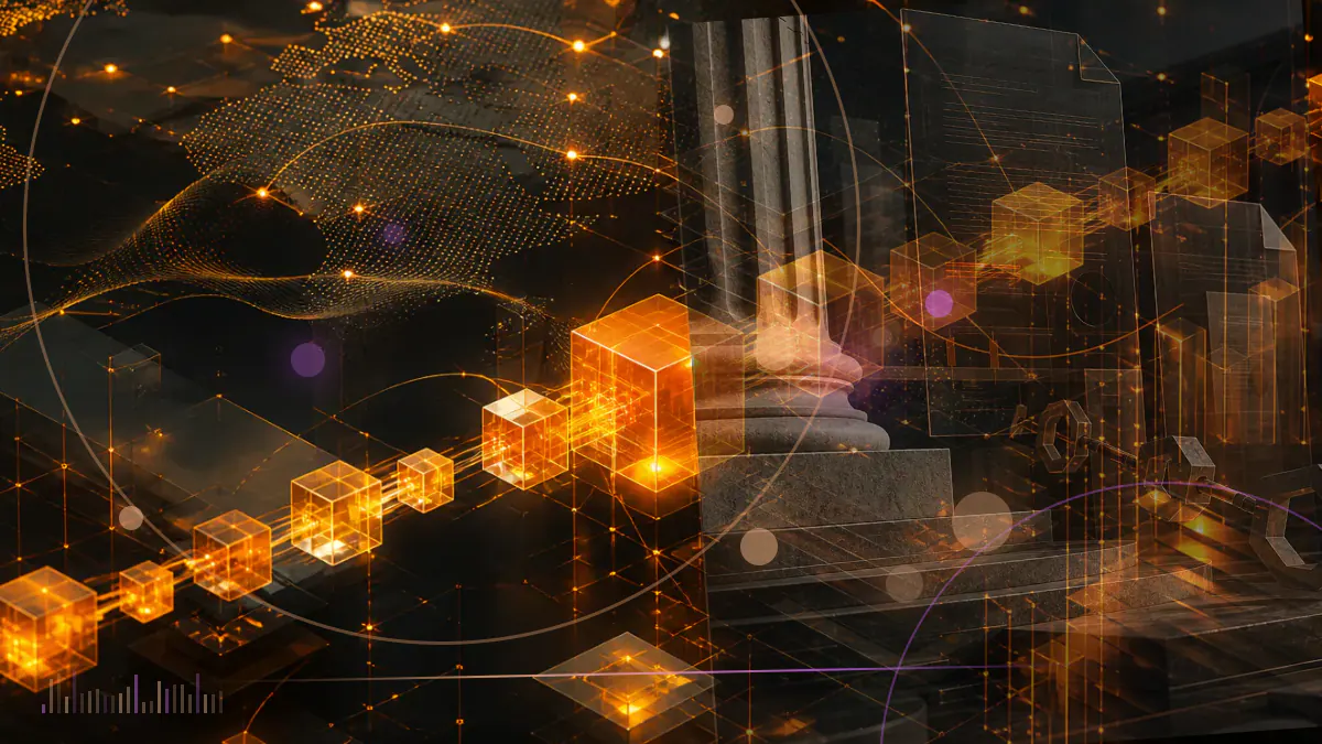 Conceptual illustration of a federal court filing over a decentralized trading network and oracle price feeds