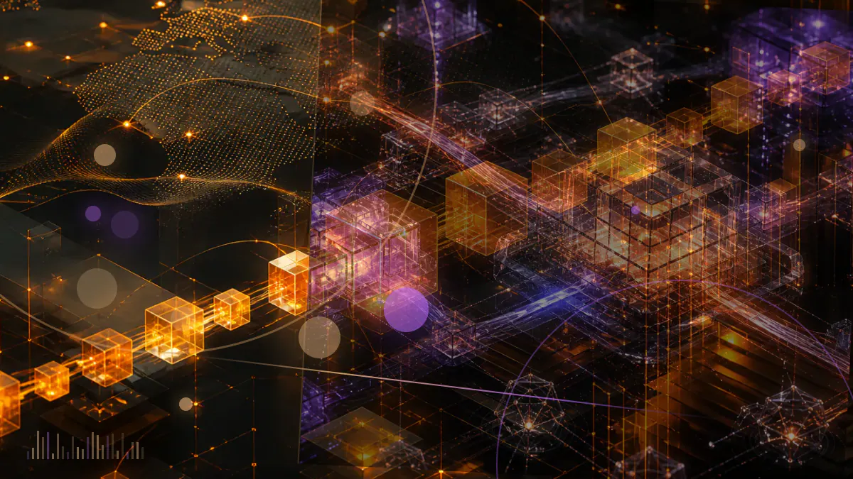 Conceptual illustration of rows of Bitcoin mining machines expanding toward a 1.10-exahash computing target