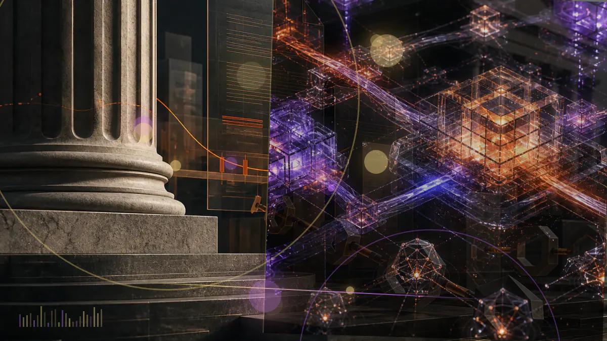 Conceptual illustration of a bank interface connected through Mastercard infrastructure to Paxos crypto trading and custody systems