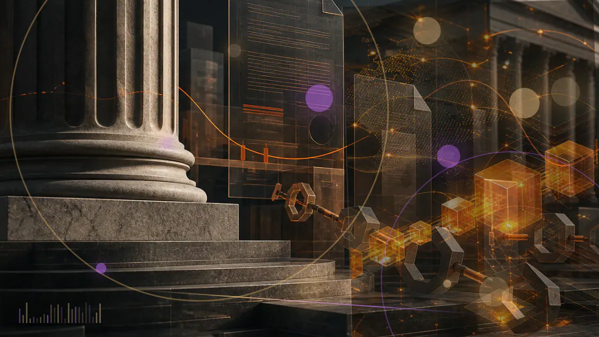 Conceptual illustration of a bitcoin reserve vault framed by Polish national colors and government architecture