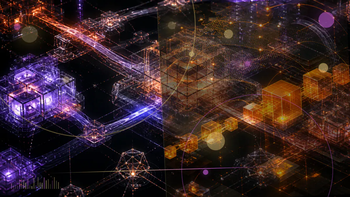 Conceptual illustration of tokenized securities moving through a regulated ledger toward a central settlement barrier