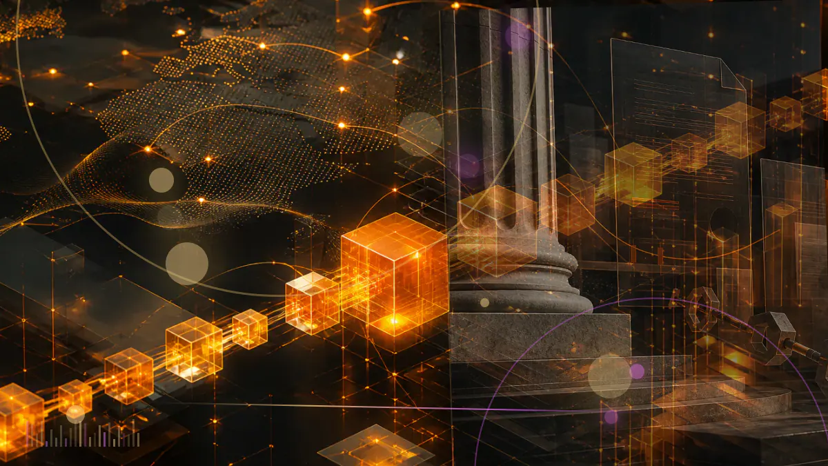 Conceptual illustration of euro-linked digital tokens passing through a European regulatory framework
