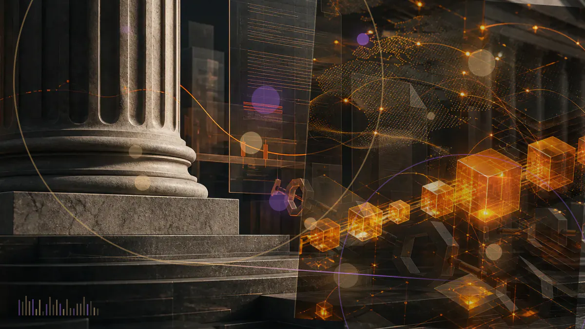 Conceptual illustration of a Microsoft shareholder ballot weighing a Bitcoin symbol against a corporate treasury ledger