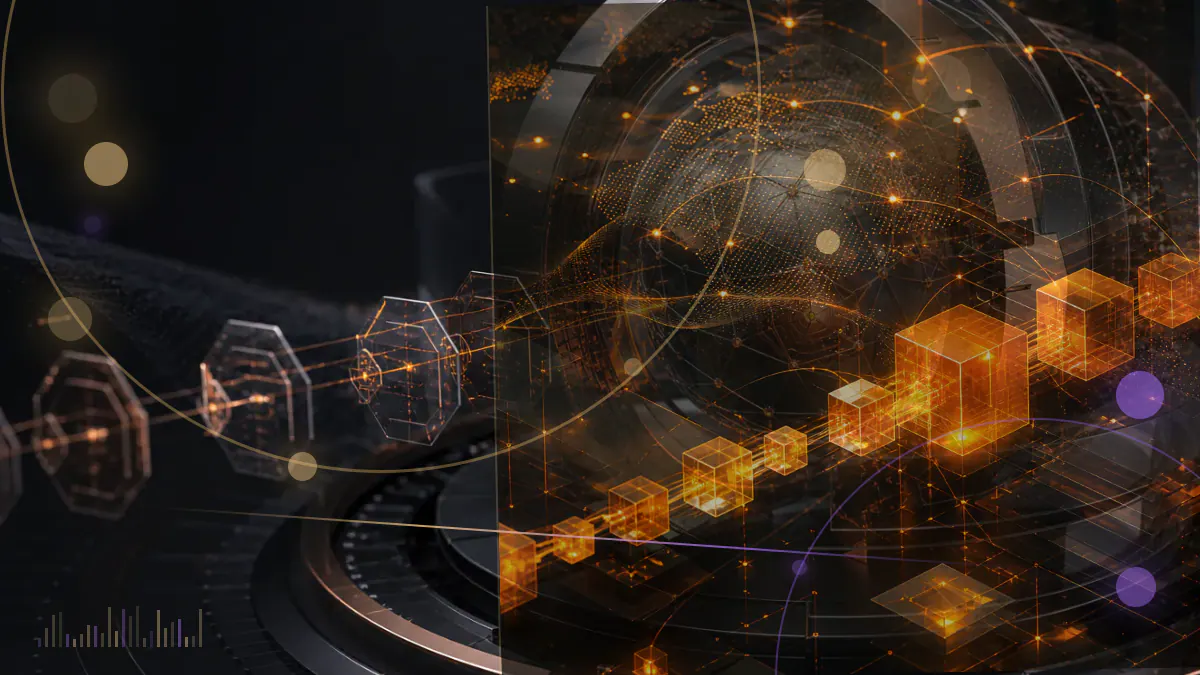 Conceptual illustration of public-company shares flowing through a capital-markets ledger into a corporate bitcoin treasury