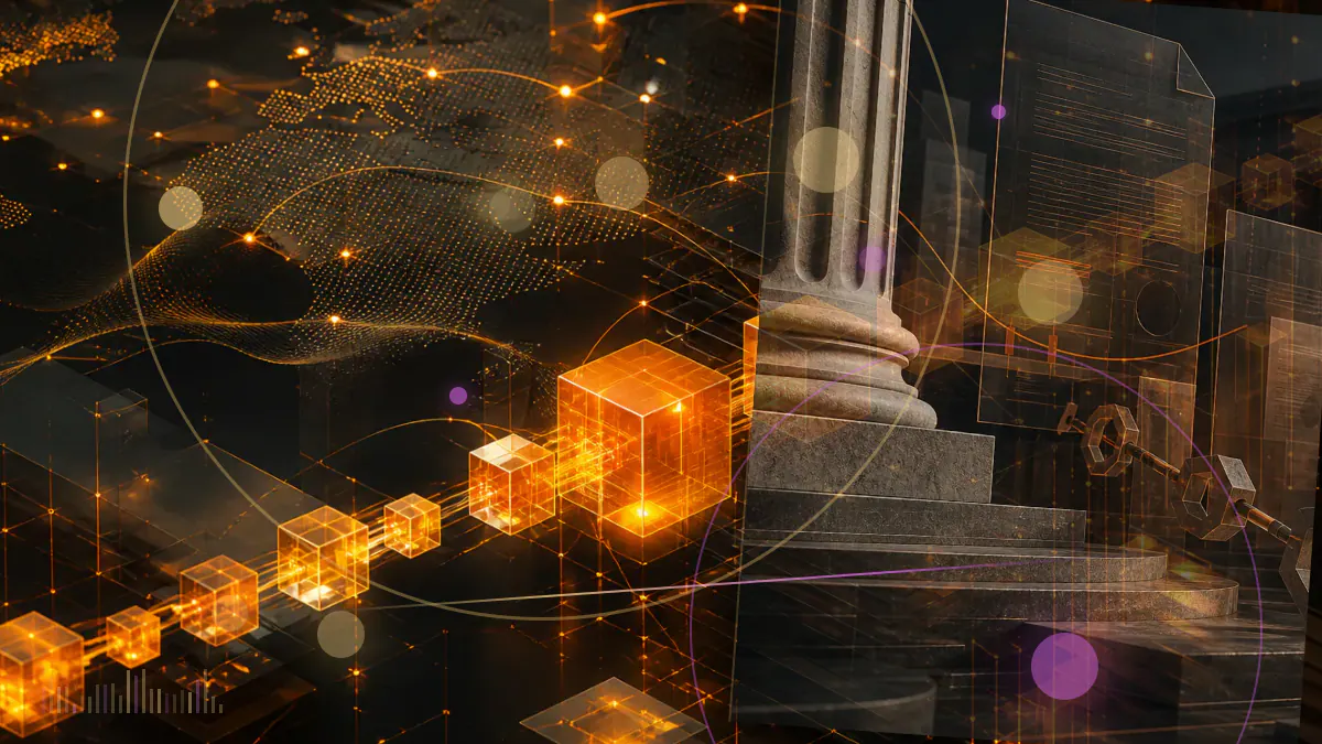 Conceptual illustration of bitcoin symbols entering the treasury ledger of a publicly traded software company