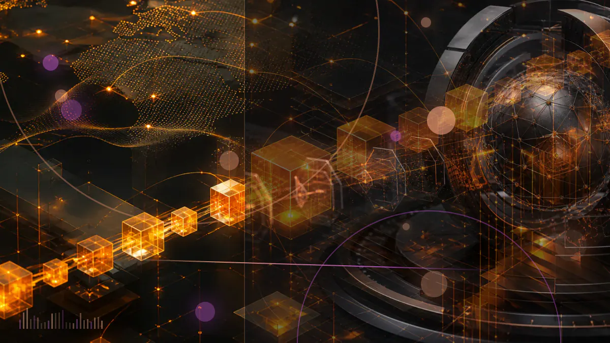 Conceptual illustration of bitcoin symbols moving from an equity-market document into a corporate treasury ledger