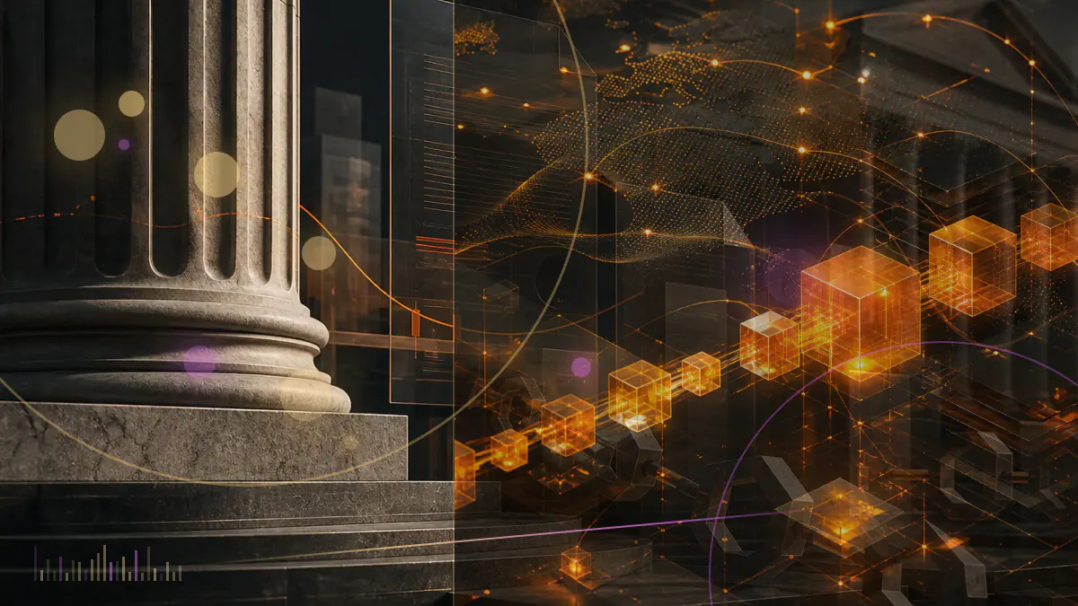 Conceptual illustration of MicroStrategy shares flowing through a capital-markets ledger into a bitcoin treasury exceeding 400,000 BTC