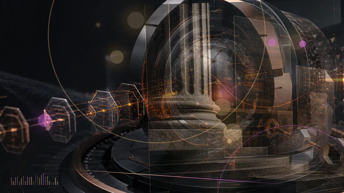 Conceptual editorial illustration of a corporate treasury ledger, bitcoin symbols and layered debt certificates representing MicroStrategy’s leveraged bitcoin holdings