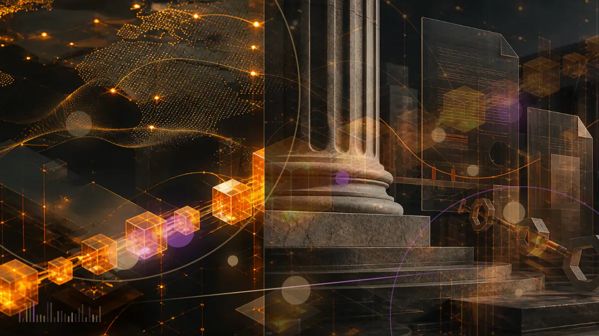 Conceptual illustration of corporate share certificates flowing into a bitcoin treasury ledger