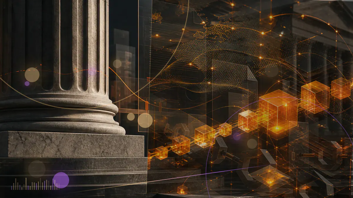 Conceptual illustration of a convertible bond certificate connected by luminous financial lines to a bitcoin symbol