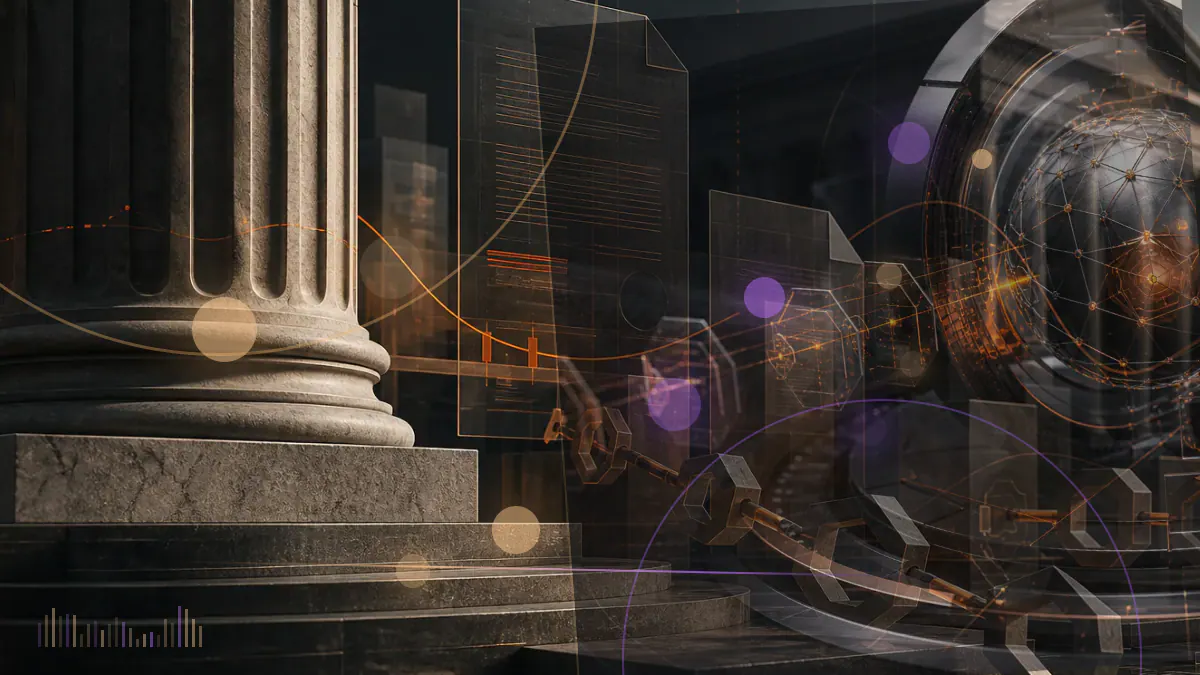 Conceptual illustration of public-company shares flowing through a capital-markets mechanism into a corporate bitcoin treasury