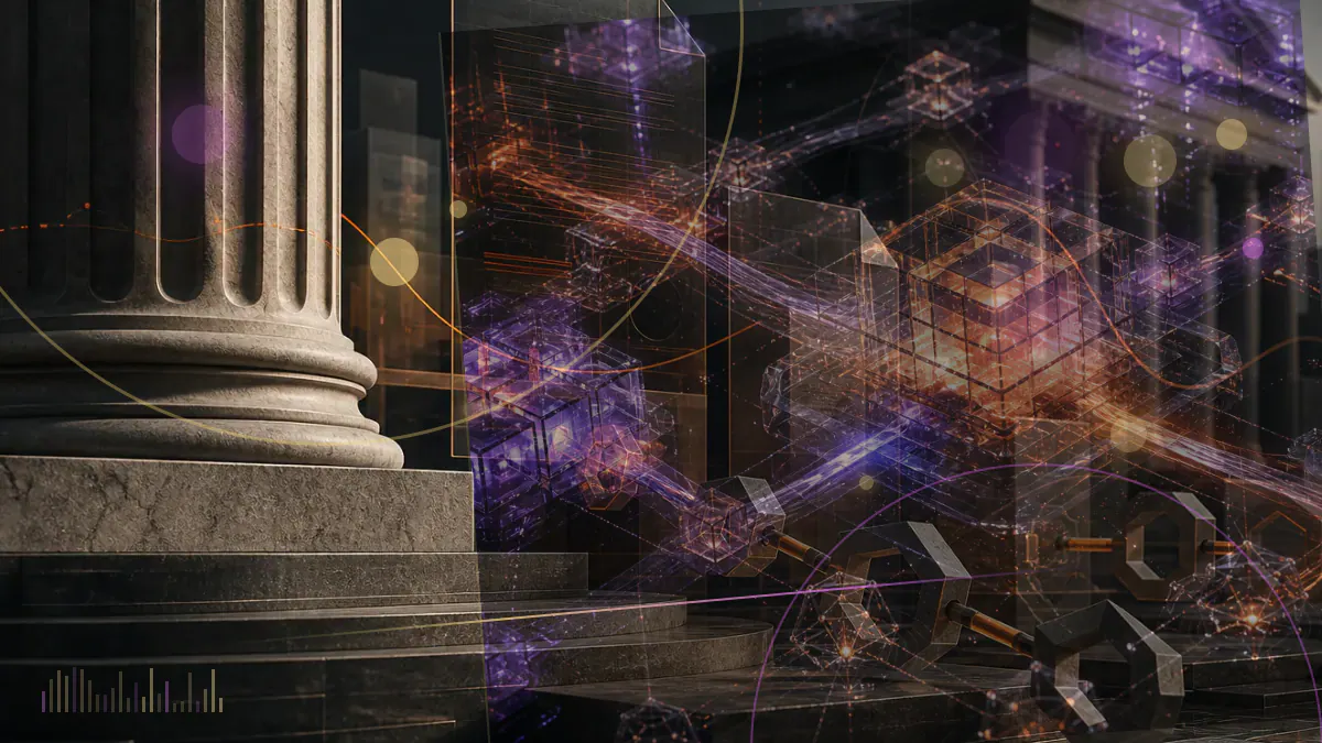 Conceptual illustration of an Argentine government building, a judicial document and a volatile digital token marked LIBRA