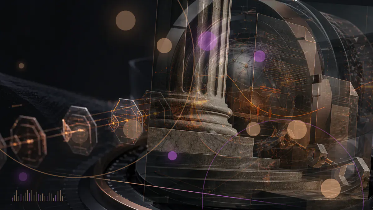 Conceptual illustration of a Libra-style digital currency and bitcoin entering a U.S. financial-security and regulatory framework