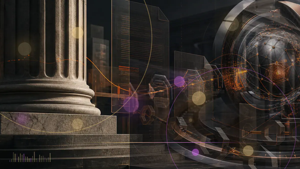 Conceptual illustration of a Monero transaction ring expanding from eleven to sixteen members around a cryptographic ledger