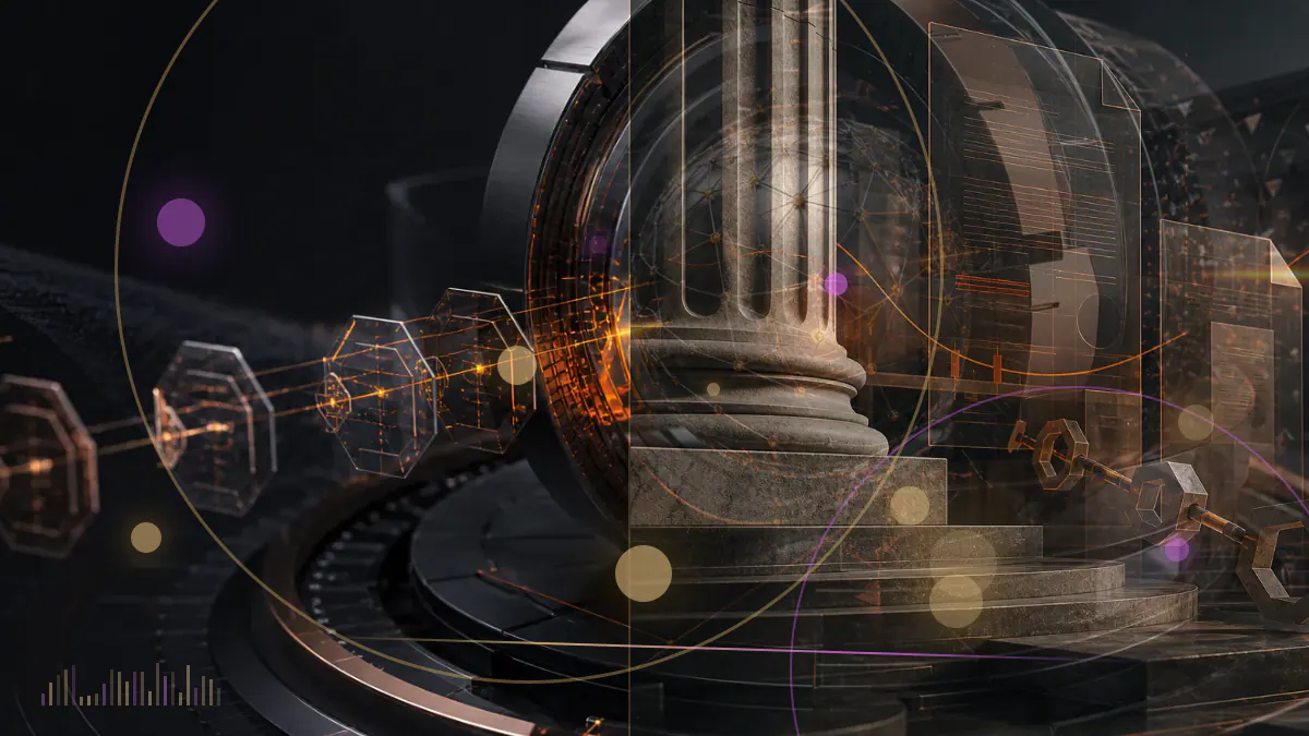 Conceptual illustration of an airport handover beneath intersecting United States and Montenegro legal-document motifs, with abstract blockchain tokens in the background