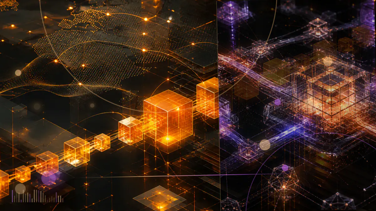 Conceptual illustration of Move-language transaction blocks connecting a newly opened blockchain network to Ethereum through a constrained bridge