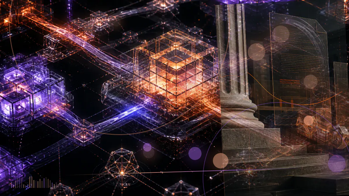 Conceptual illustration of an Abu Dhabi institutional ledger holding shares in a bitcoin exchange-traded fund