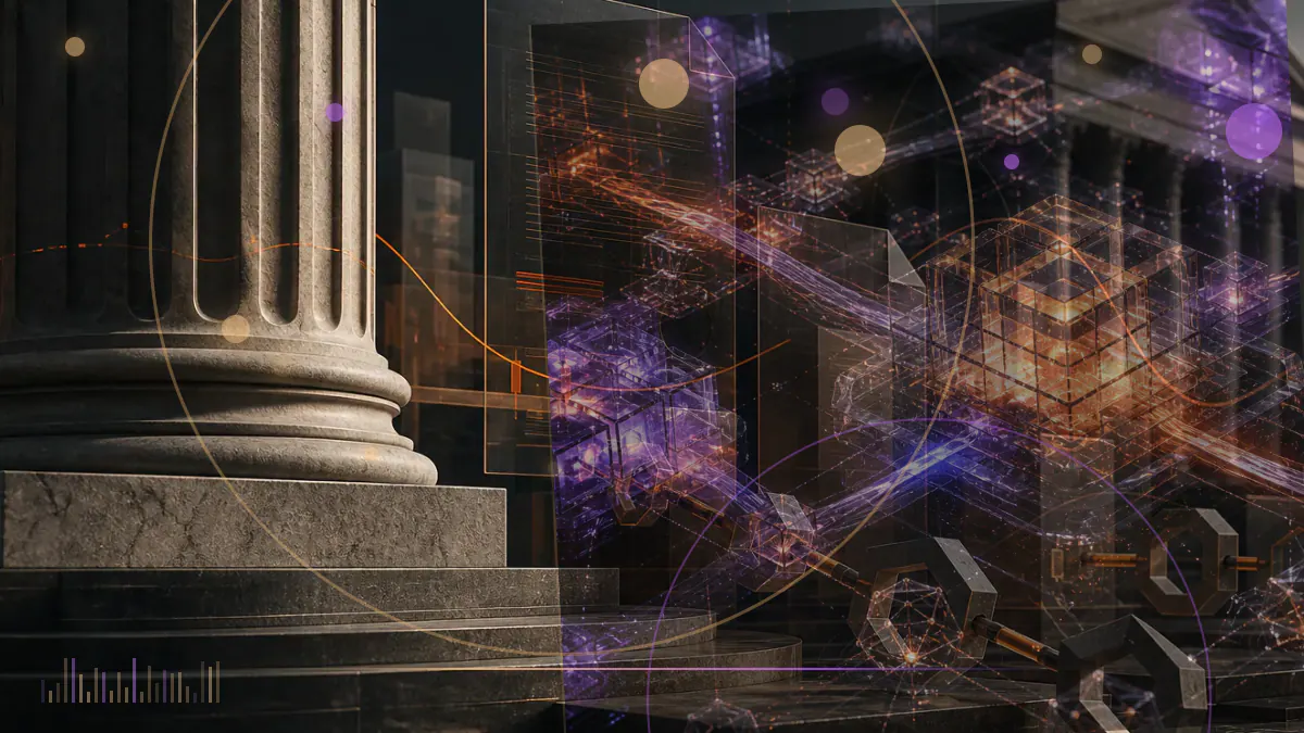 Conceptual illustration of a spacecraft and electric vehicle connected to a glowing Bitcoin ledger