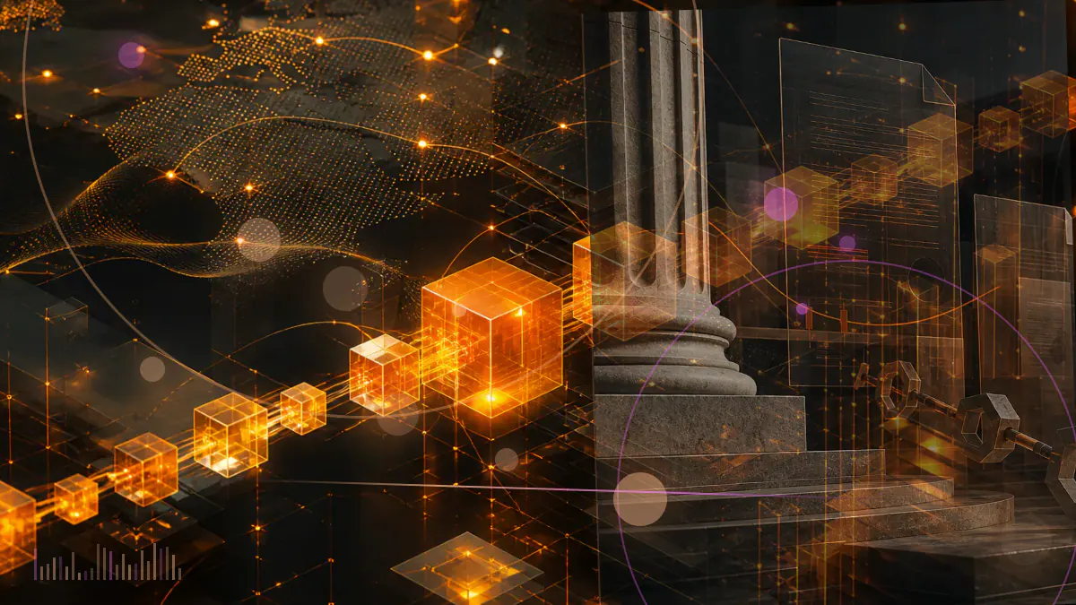 Conceptual illustration of regulated Nasdaq securities orders connecting to blockchain-based post-trade settlement infrastructure