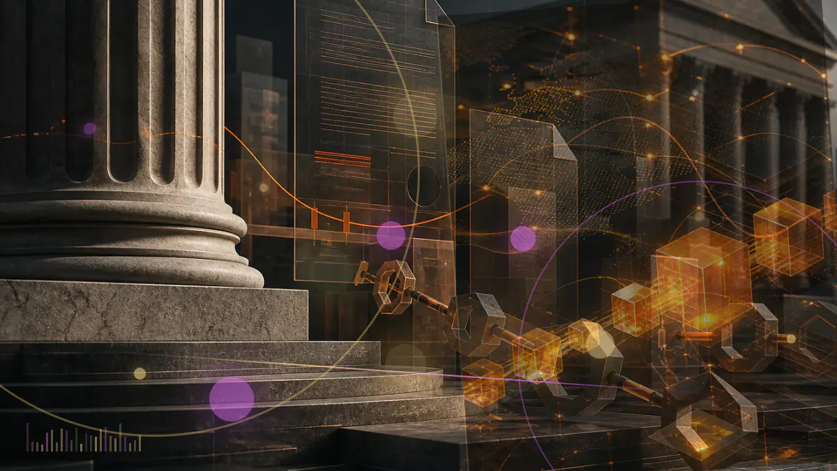 Conceptual illustration of bitcoin moving between an institutional custody vault and shares of a Nasdaq-listed exchange-traded product