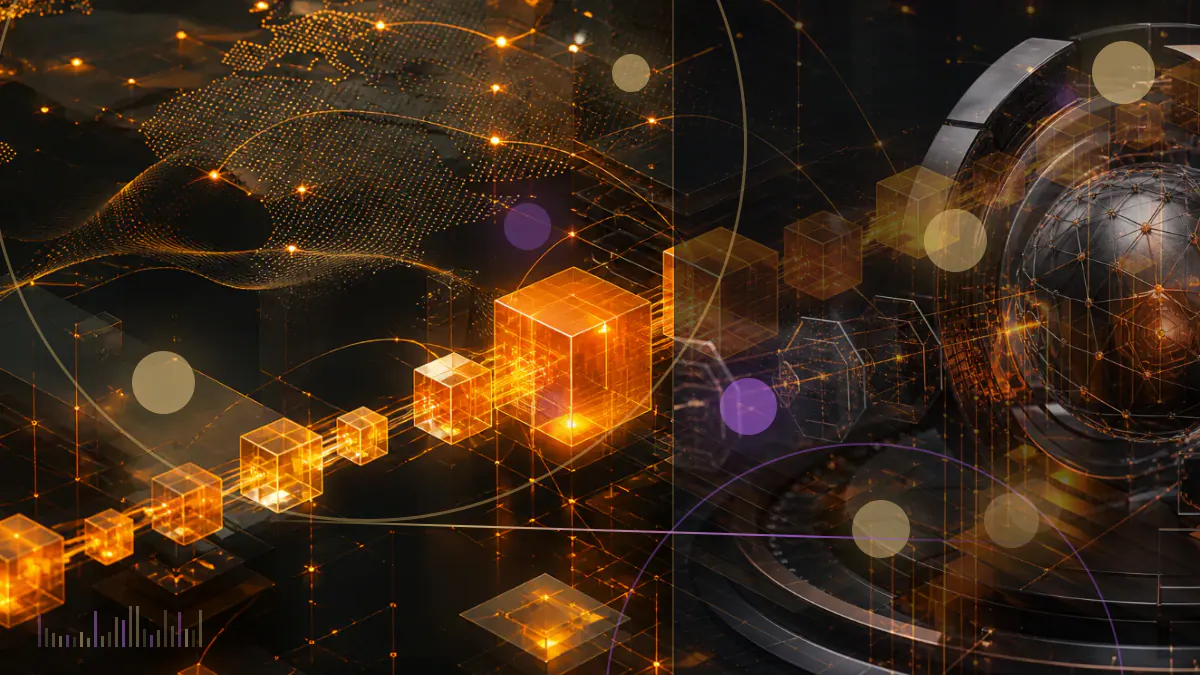 Conceptual illustration of an exchange trading network connected to blockchain tokens through a digital gateway.