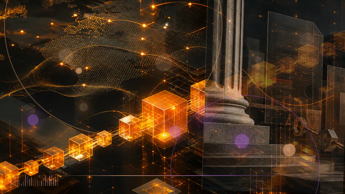 Conceptual illustration of a regulated equity certificate crossing a digital gateway into a blockchain network