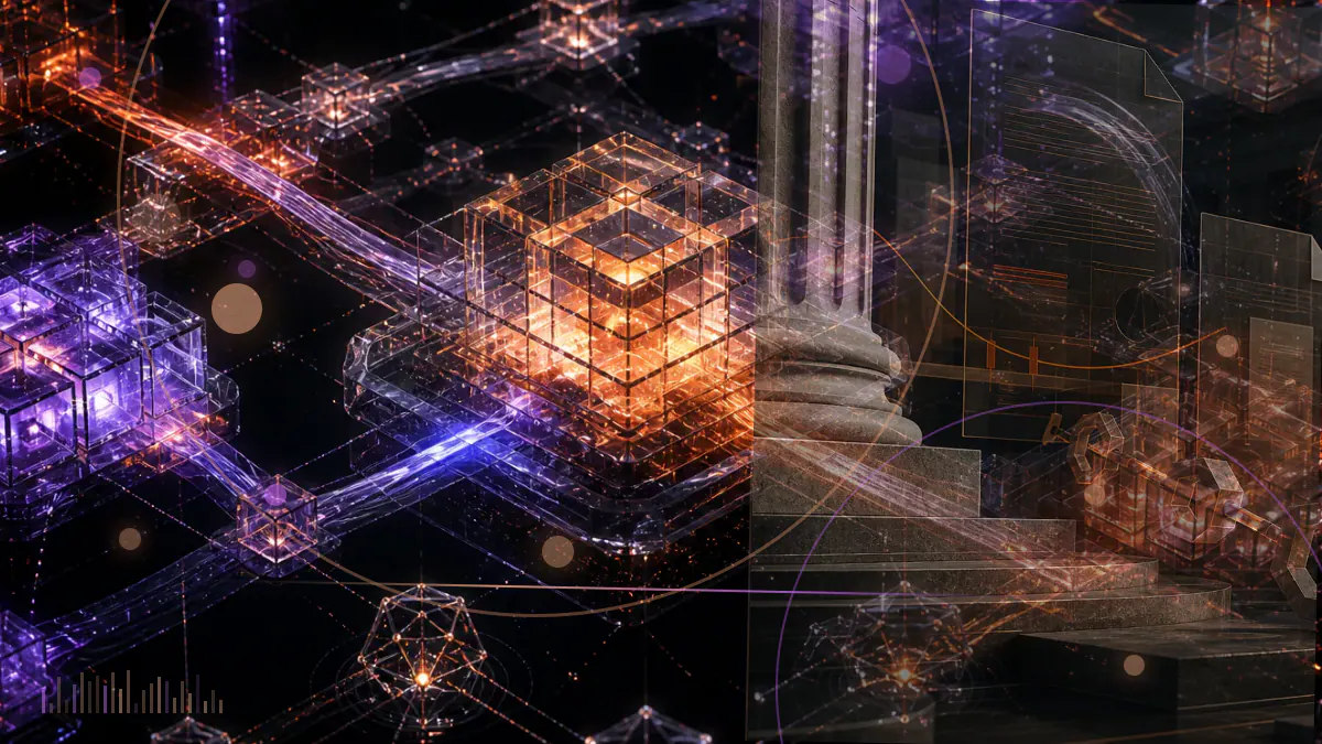 Conceptual illustration of interconnected proof-of-work nodes converging on the Nervos CKB Lina genesis block