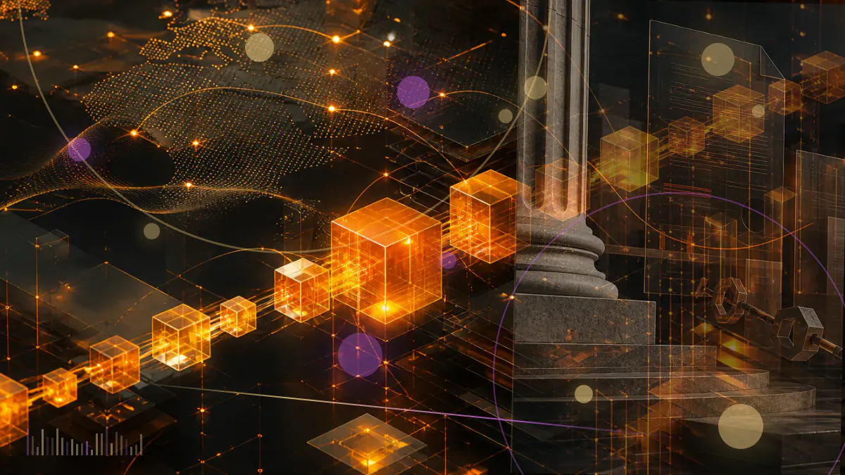 Conceptual illustration of a New Hampshire state treasury ledger beside a bitcoin symbol and secured digital-asset vault