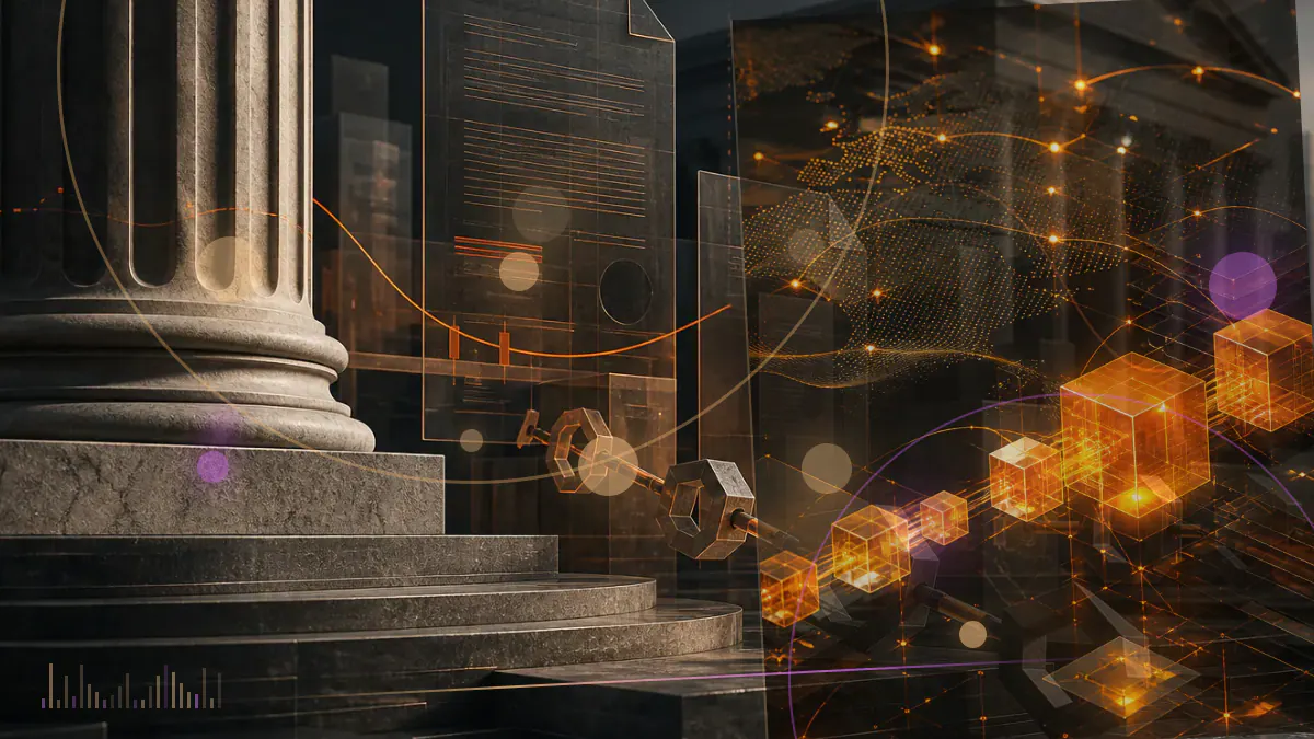 Conceptual illustration of a regulated bitcoin custody vault connected to an institutional futures exchange and clearing network
