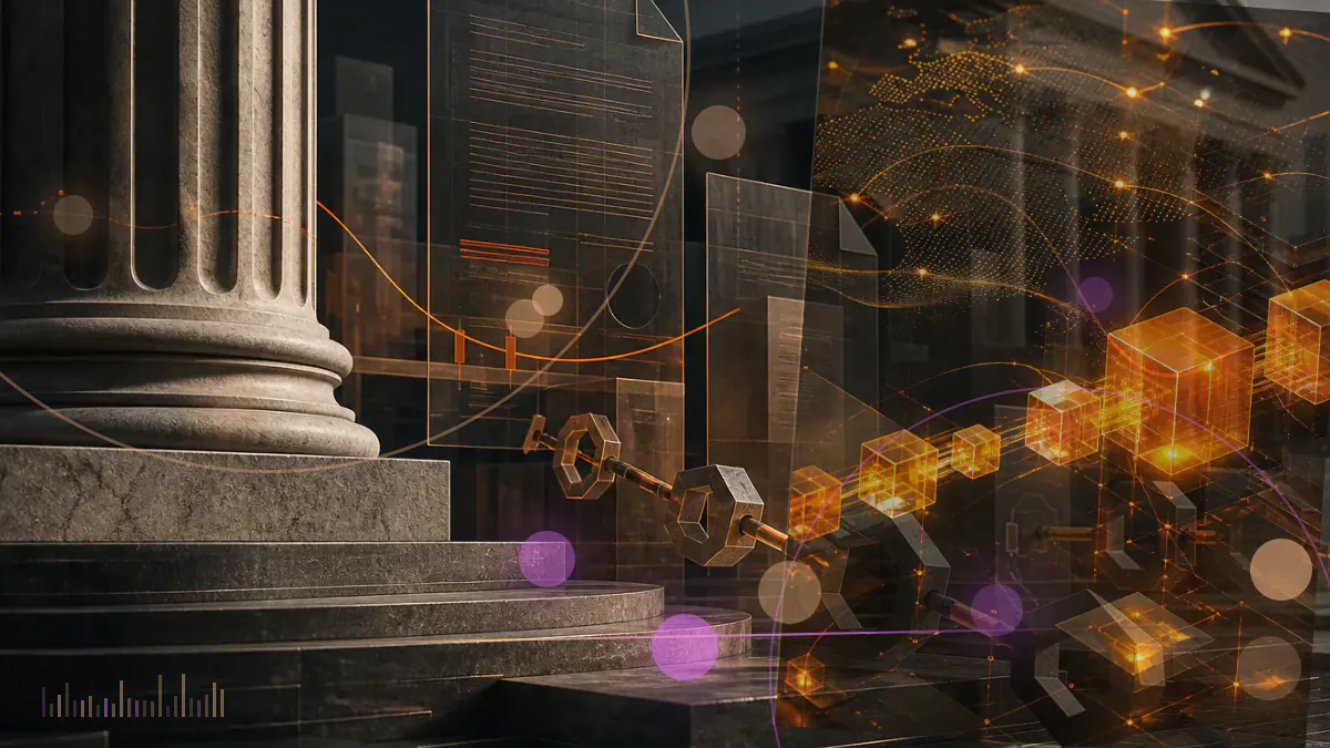 Conceptual illustration of a New York regulatory document separating a cryptocurrency exchange, token issuer, broker, custodian and investment adviser