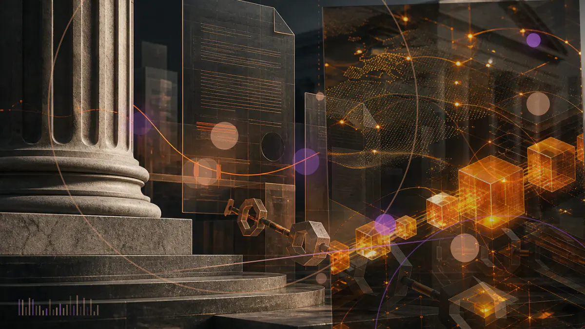 Conceptual illustration of a New York regulatory document connecting a mobile cryptocurrency application and a bitcoin-enabled ATM