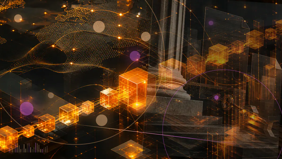 Conceptual illustration of regulated digital tokens linked to a gold bar and a U.S. dollar reserve under a New York financial ledger