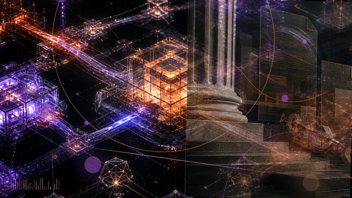 Conceptual illustration of digital tokens separated into legally protected trust ledgers beside a courthouse