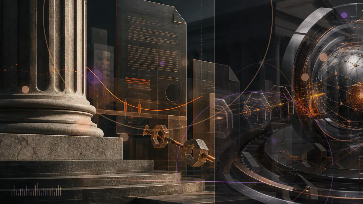 Conceptual illustration of a cross-chain bridge leading from blockchain contracts toward a federal courthouse
