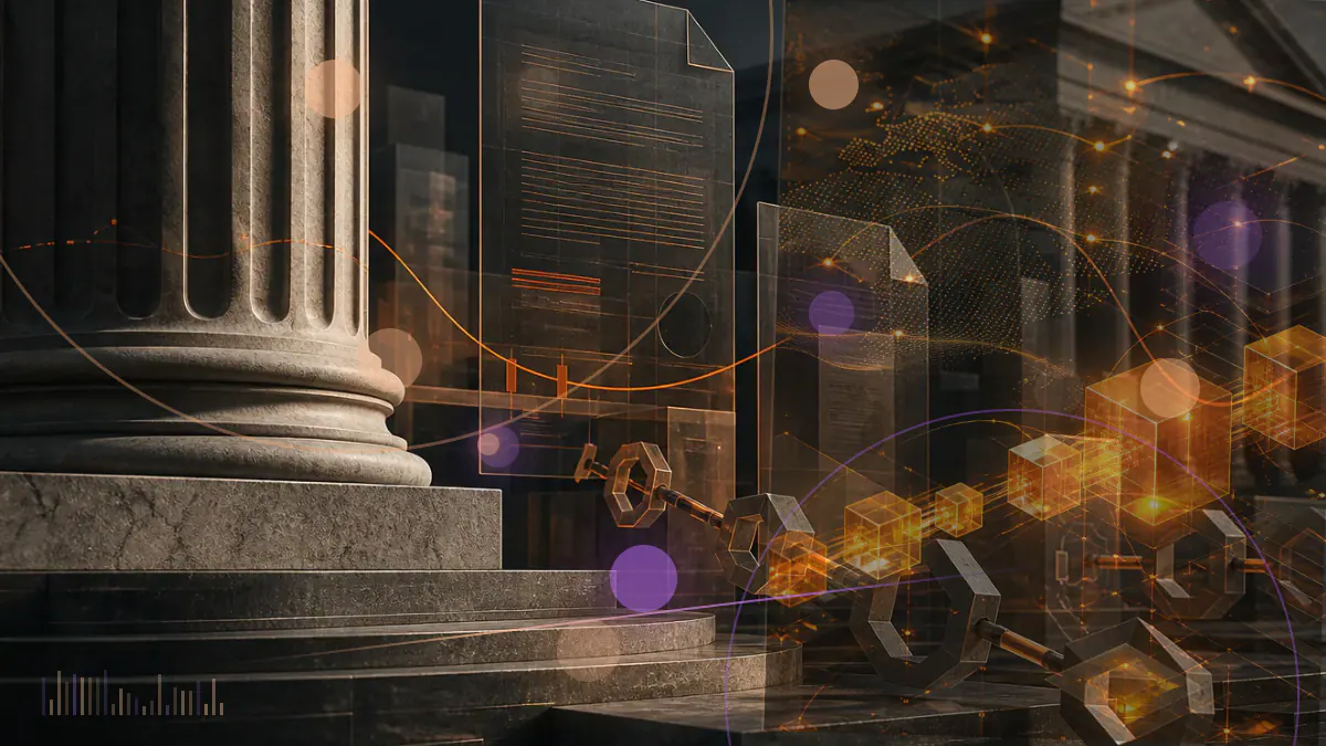 Conceptual illustration of an Ethereum balance suspended between a courthouse ledger and an Arbitrum governance network