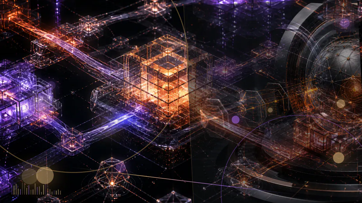 Conceptual illustration of cryptocurrency-mining graphics processors fading beside a falling semiconductor stock chart