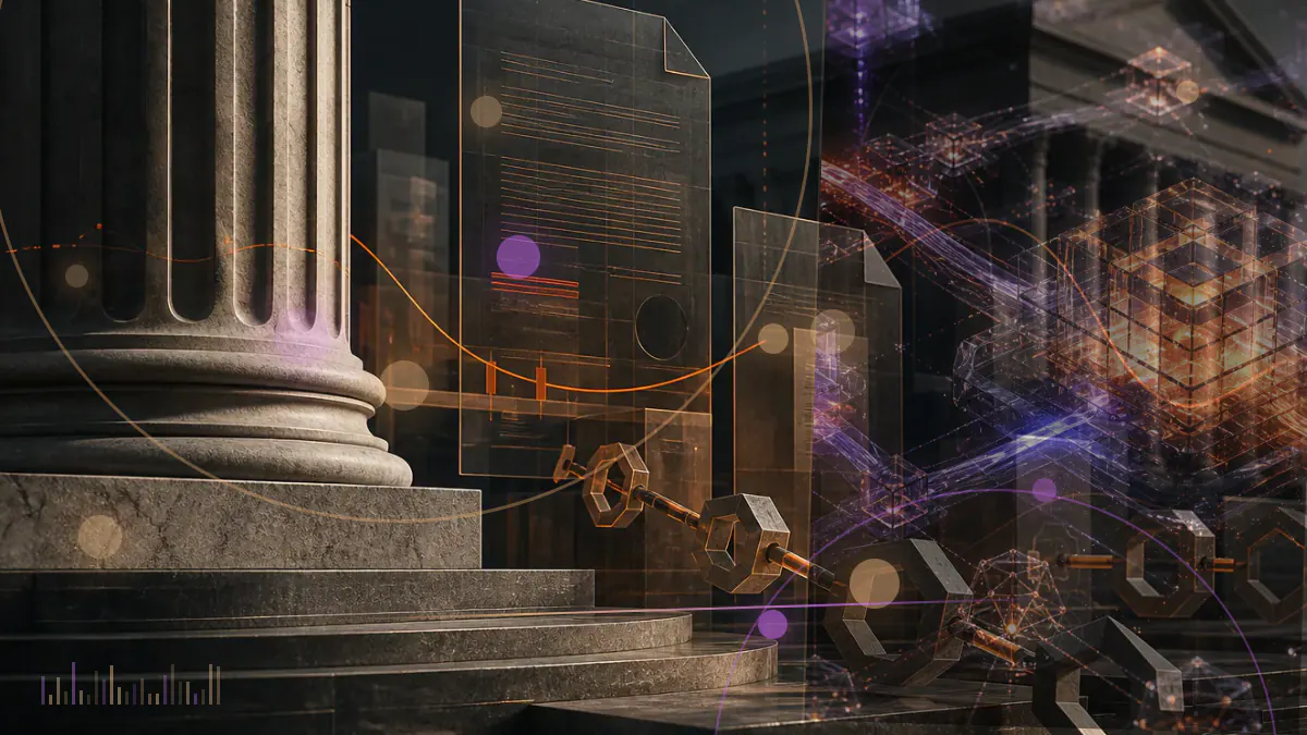 Conceptual illustration of a New York regulatory document monitoring cryptocurrency trading for market manipulation